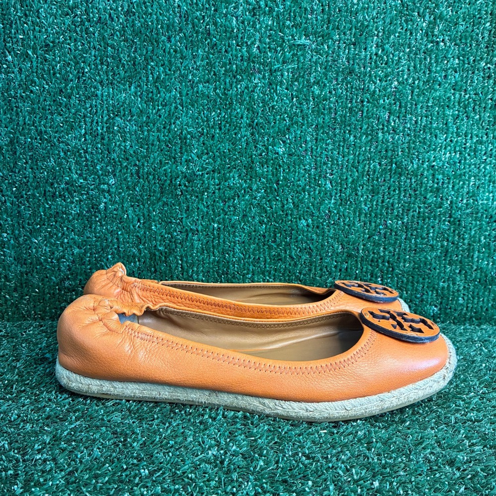Tory Burch Espadrille Logo Medallion Leather Ballet Flat Orange Womens Size 8.5